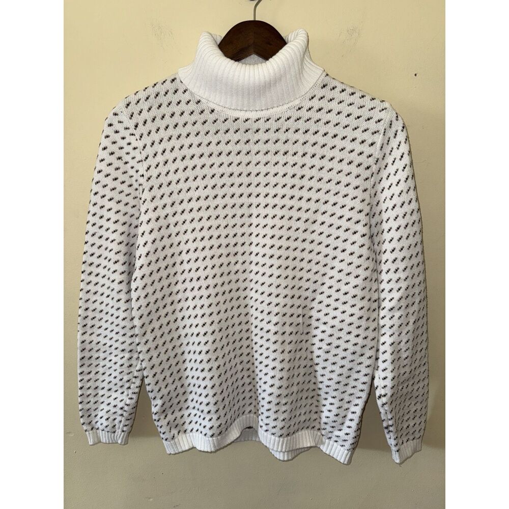 Karen Scott Cotton Turtleneck Sweater Small White Brown Beige Patterned Knit
